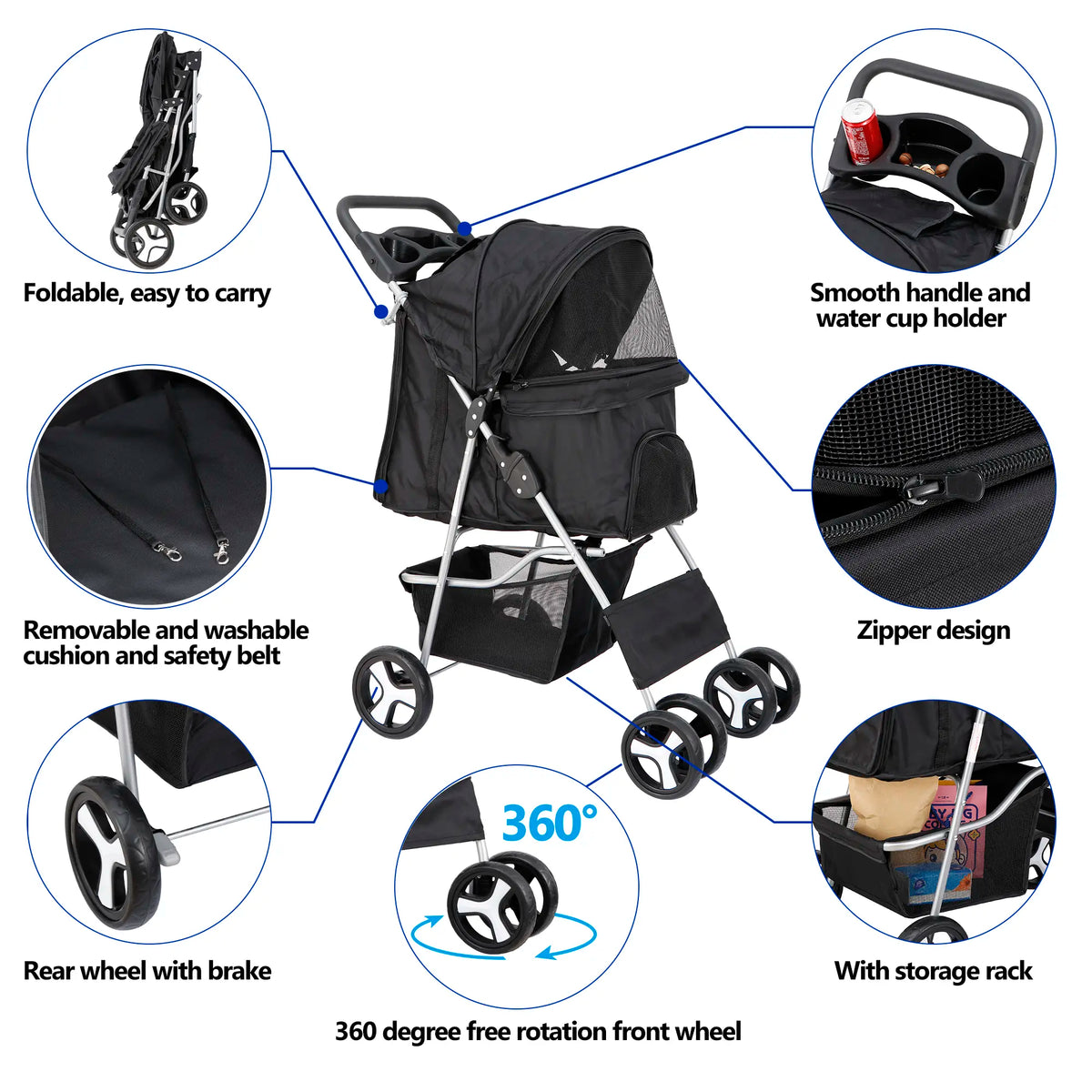 Segawe Foldable Pet Dog Stroller for Small Cat Dog with Storage Basket & Cup Holder for Pet Travel